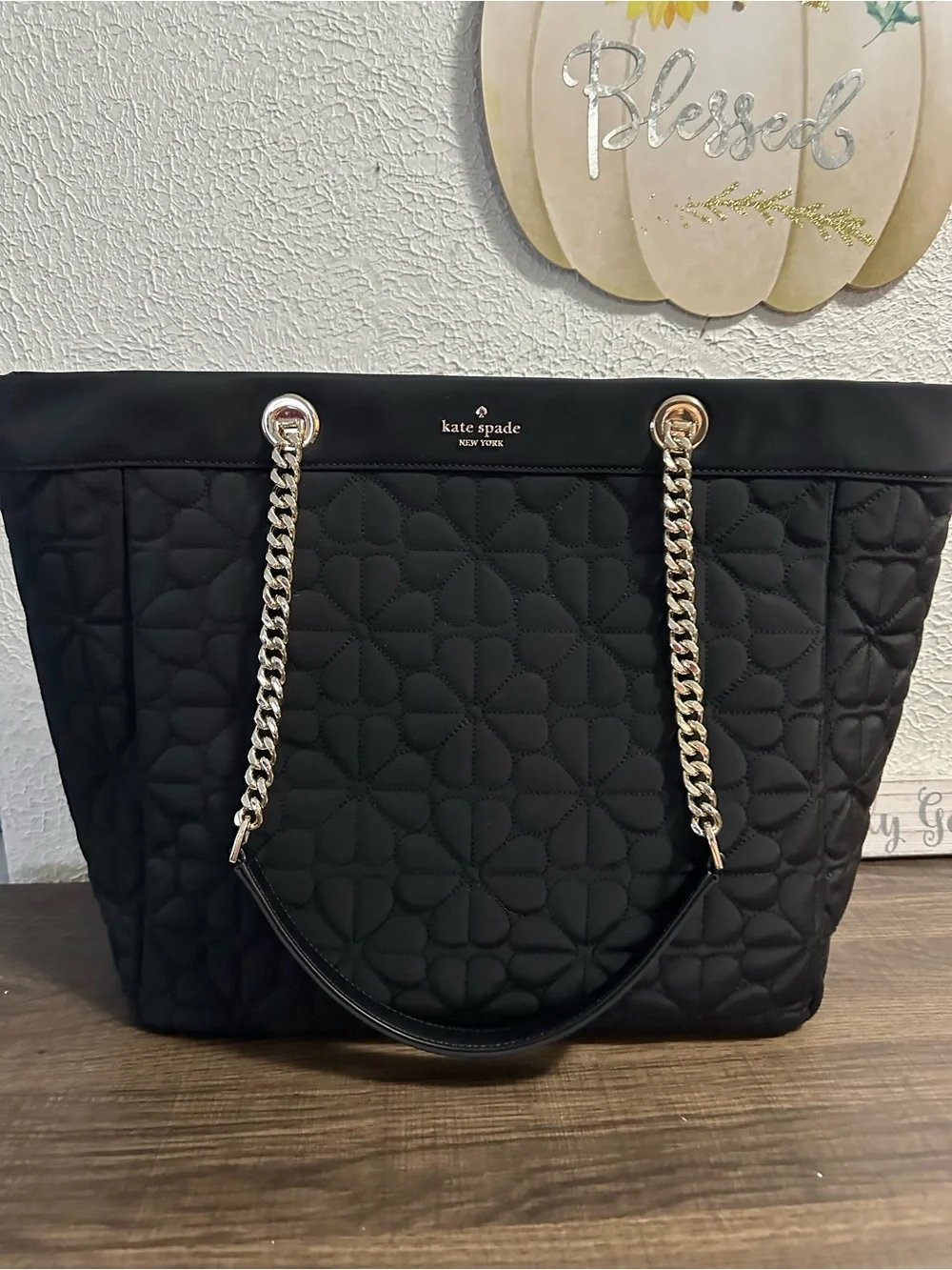 kate spade flower Black Quilted Tote with Gold Chain Straps
